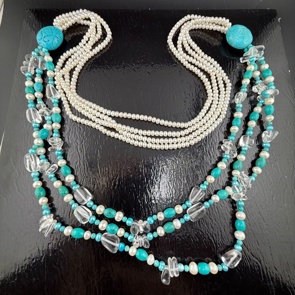 Estate Necklace Blue White Beaded Pearl Polished Stone Carved Boho 36in